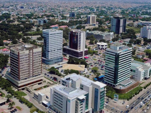 Opportunities-for-International-Businesses-in-Ghana,-through-Lumincore-consult-best-consulting-firm-in-Ghana. Ghana as a gateway to West Africa for international businesses, showing Accra's commercial district and Tema Port logistics infrastructure. Discover why Ghana as a gateway to West Africa offers international businesses trade access, growth sectors, logistics, and expert market entry support.